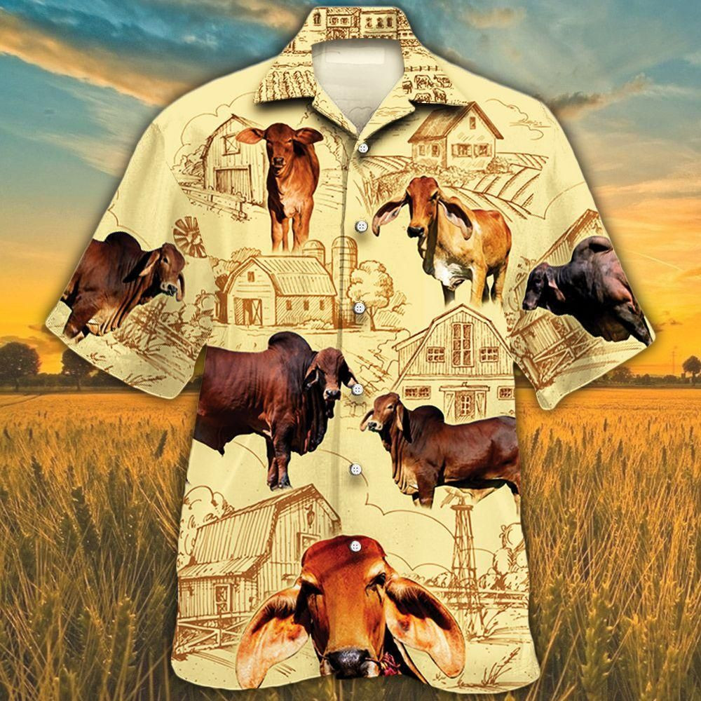 Red Brahman Cattle Lovers Farm Aloha Hawaiian Shirt Colorful Short Sleeve Summer Beach Casual Shirt For Men And Women