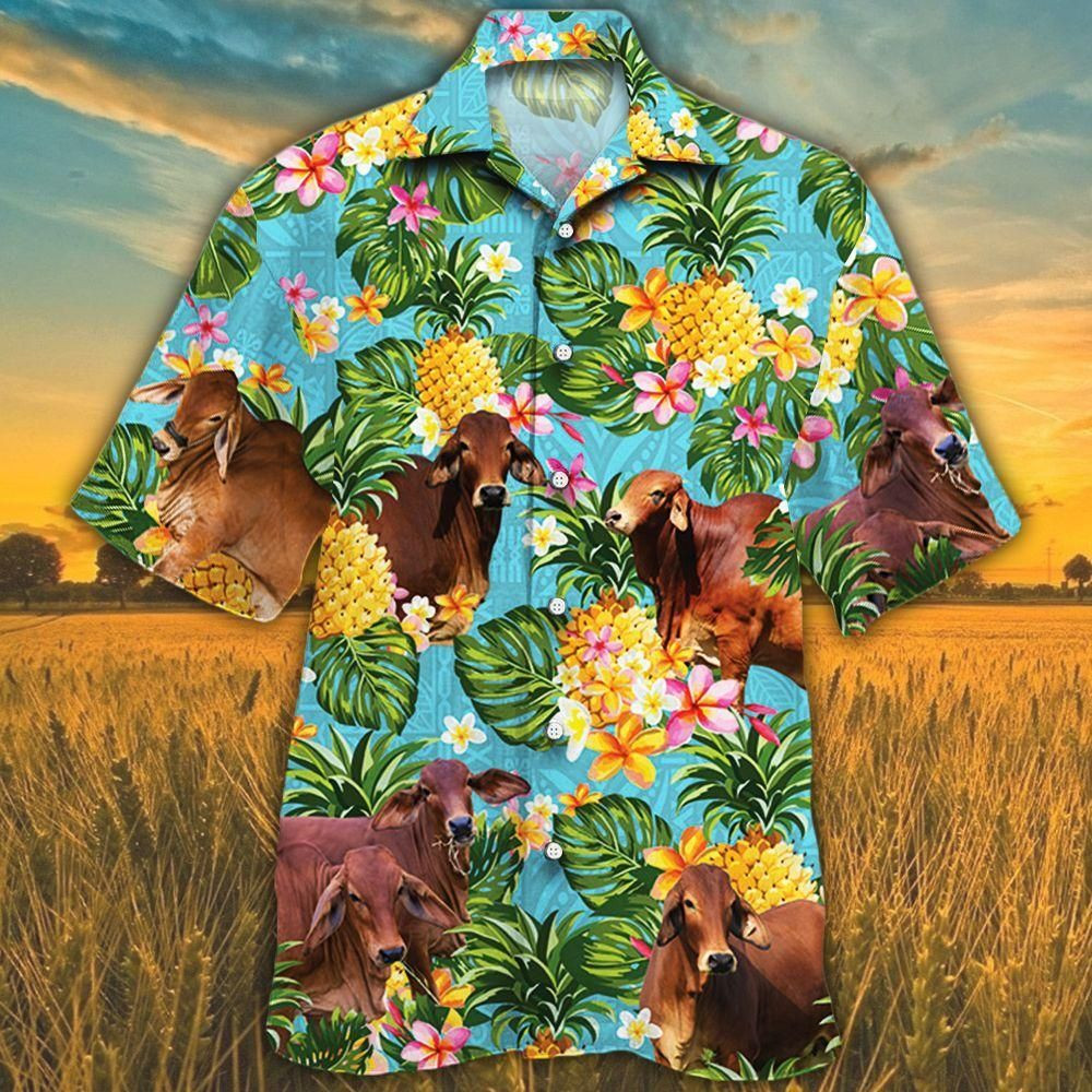 Red Brahman Cattle Lovers Pineapple Aloha Hawaiian Shirt Colorful Short Sleeve Summer Beach Casual Shirt For Men And Women