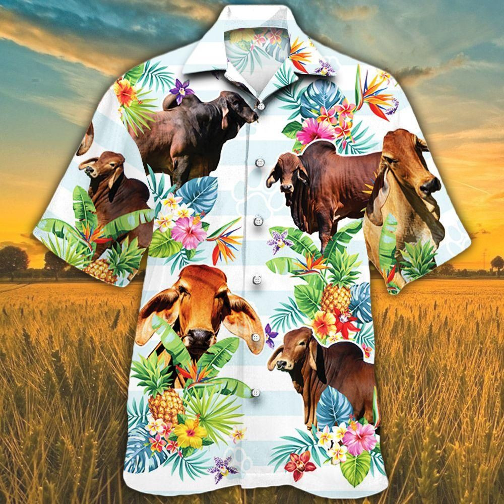 Red Brahman Cattle Lovers Tropical Flower Aloha Hawaiian Shirt Colorful Short Sleeve Summer Beach Casual Shirt For Men And Women