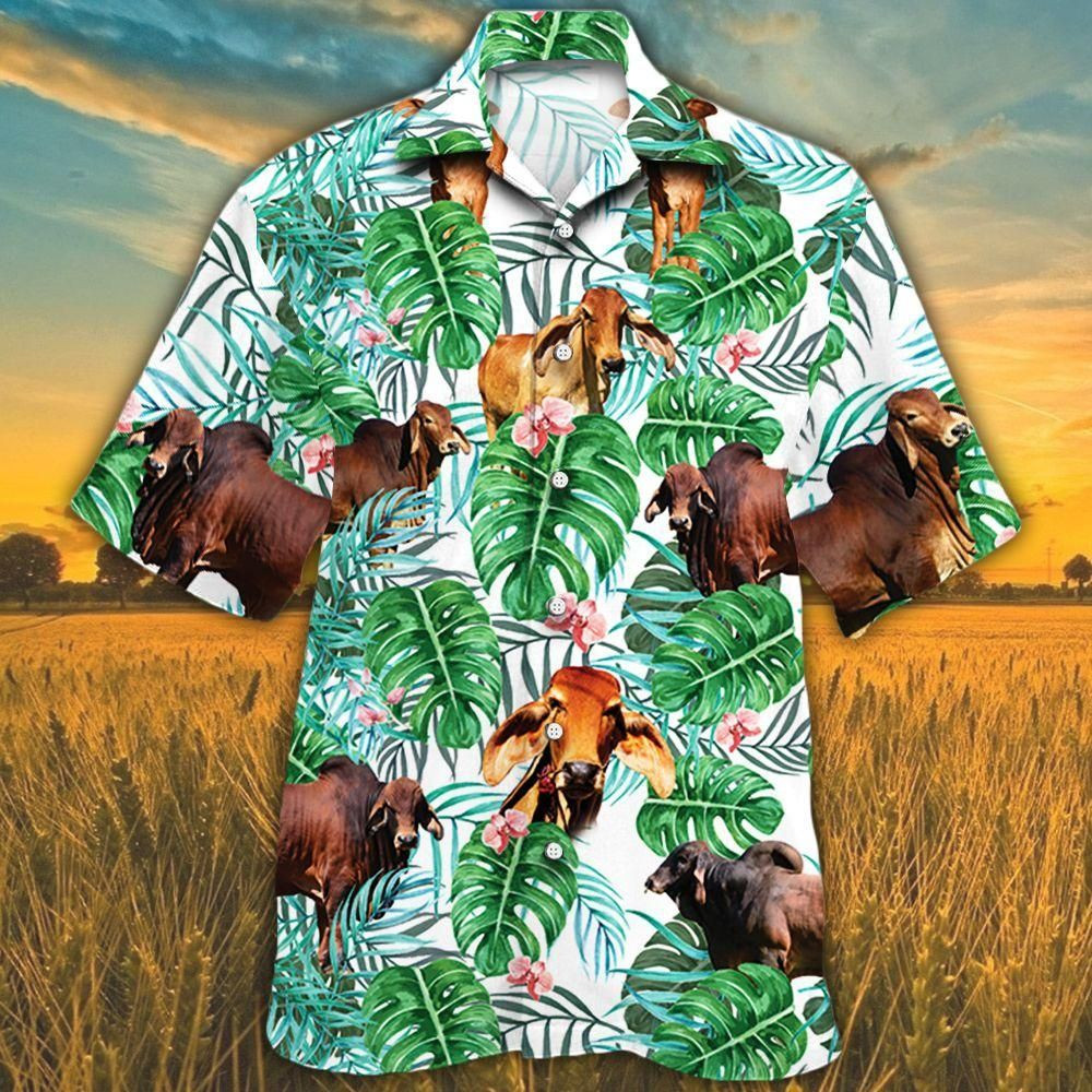 Red Brahman Cattle Lovers Tropical Plant Aloha Hawaiian Shirt Colorful Short Sleeve Summer Beach Casual Shirt For Men And Women