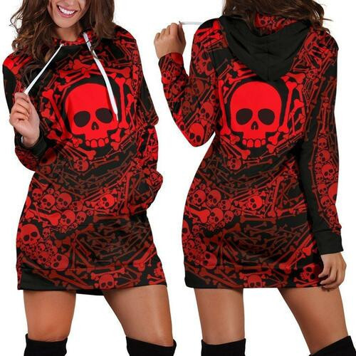 Red Skulls  Bones Hoodie Dress Sweater Dress Sweatshirt Dress 3d All Over Print For Women Hoodie