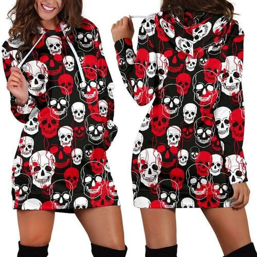 Red  White Skulls Hoodie Dress Sweater Dress Sweatshirt Dress 3d All Over Print For Women Hoodie