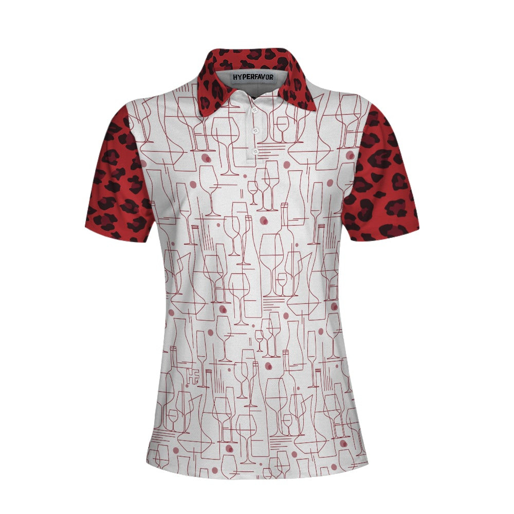 Red Wine And Leopard Pattern Drink Short Sleeve Women Polo Shirt Wine Drinking Icon Polo Shirt For Ladies