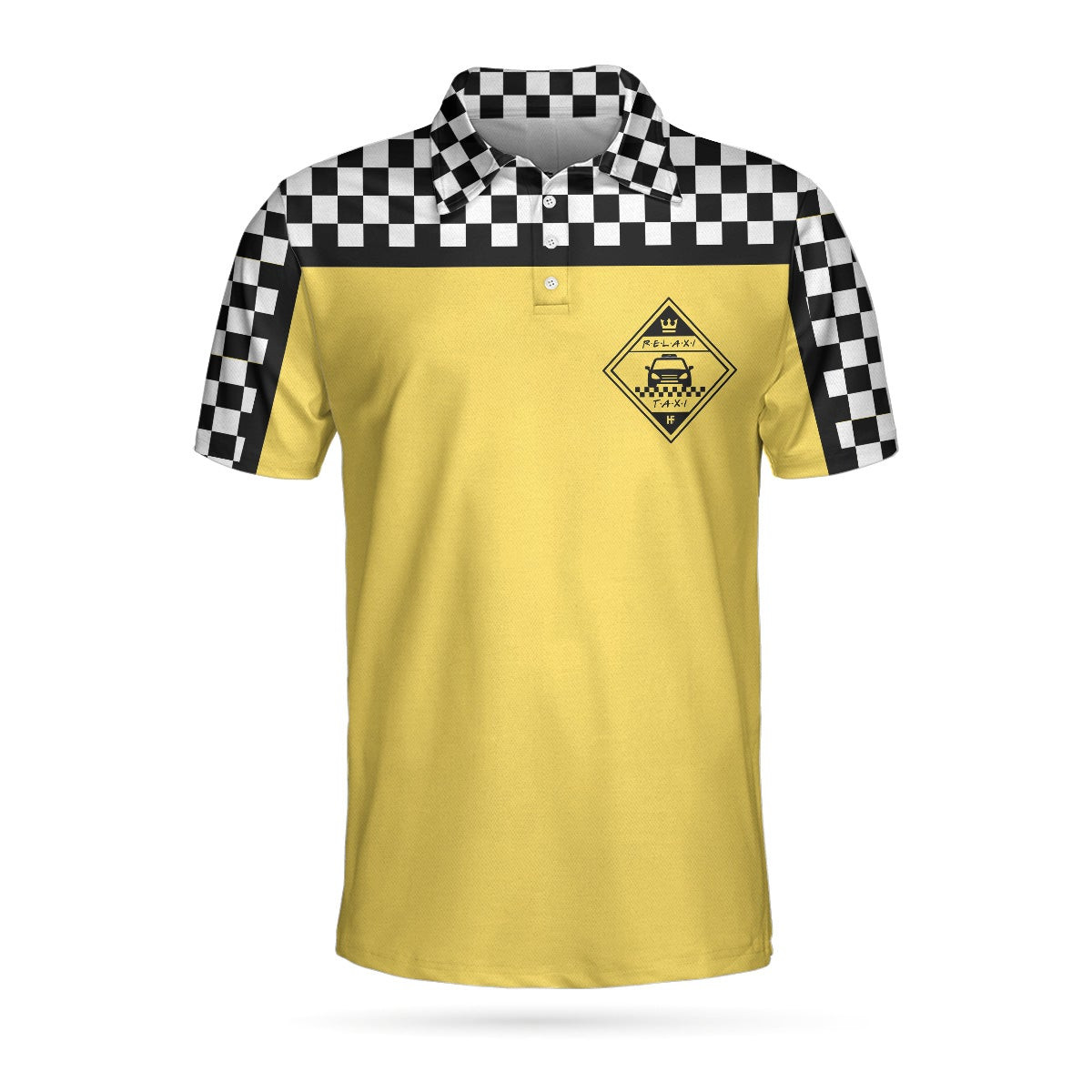 Relaxi Taxi Short Sleeve Polo Shirt Black And White Checker Pattern Yellow Taxi Shirt For Men