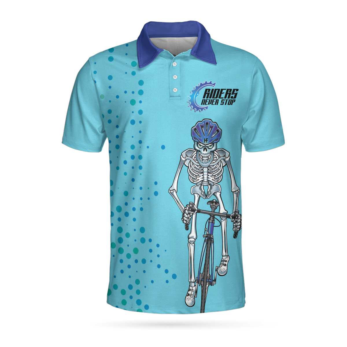 Riders Never Stop Skull Short Sleeve Polo Shirt Blue Skeleton Cyclist Polo Shirt Best Cycling Shirt For Men