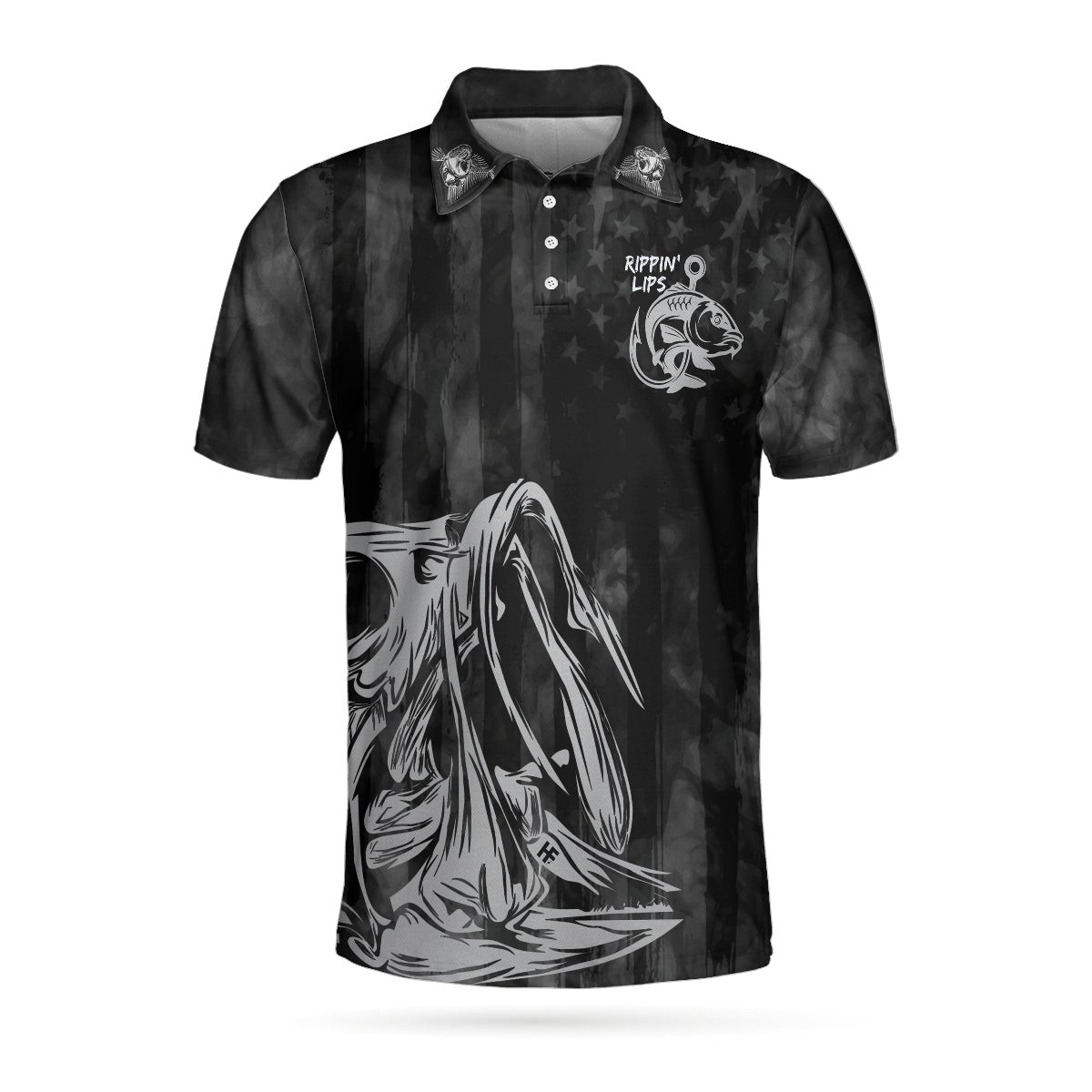 Rippin Lips Skull Fish Skeleton Fishing Polo Shirt Black Fish Hook Polo Shirt Best Fishing Shirt For Men