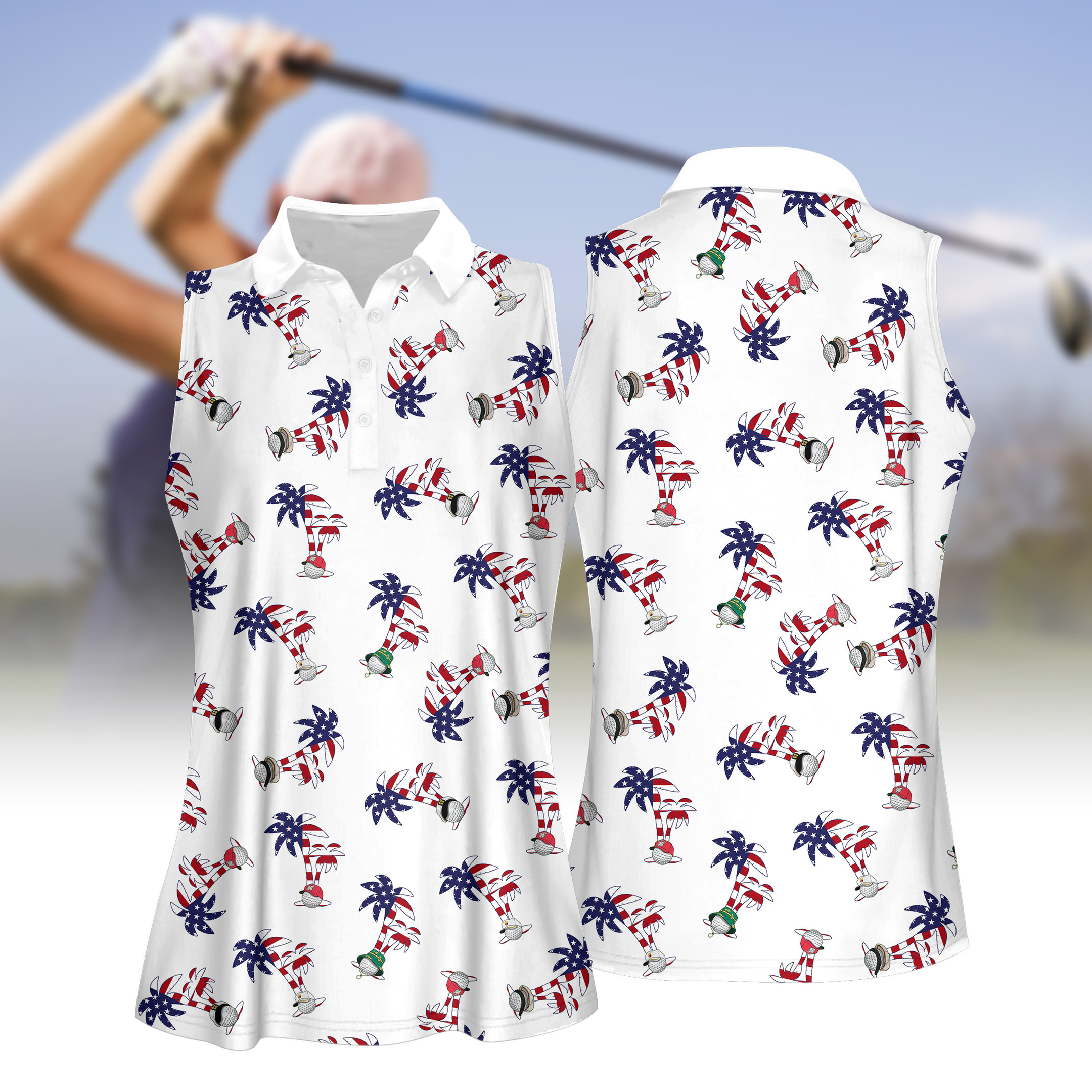 SEAMLESS PALM TREES GOLF BALLS WOMEN SHORT SLEEVE POLO SHIRT SLEEVELESS POLO SHIRT