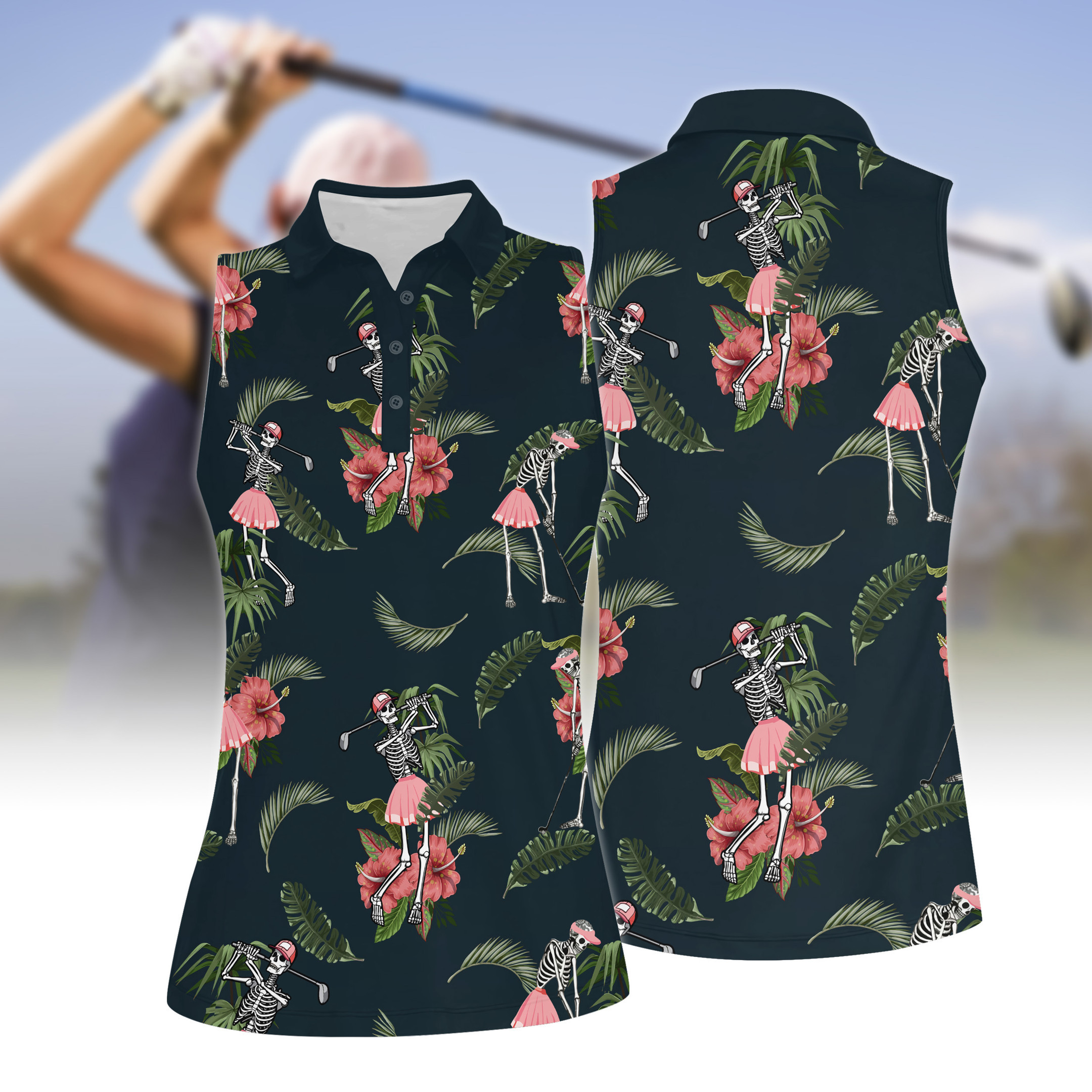 SEAMLESS TROPICAL SKELETON GOLF WOMEN SHORT SLEEVE POLO SHIRT SLEEVELESS POLO SHIRT