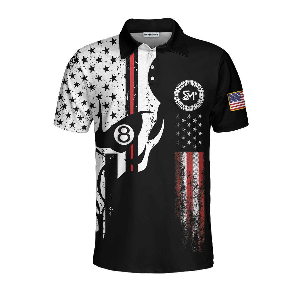 SM2 Skull Black And White American Flag Polo Shirt