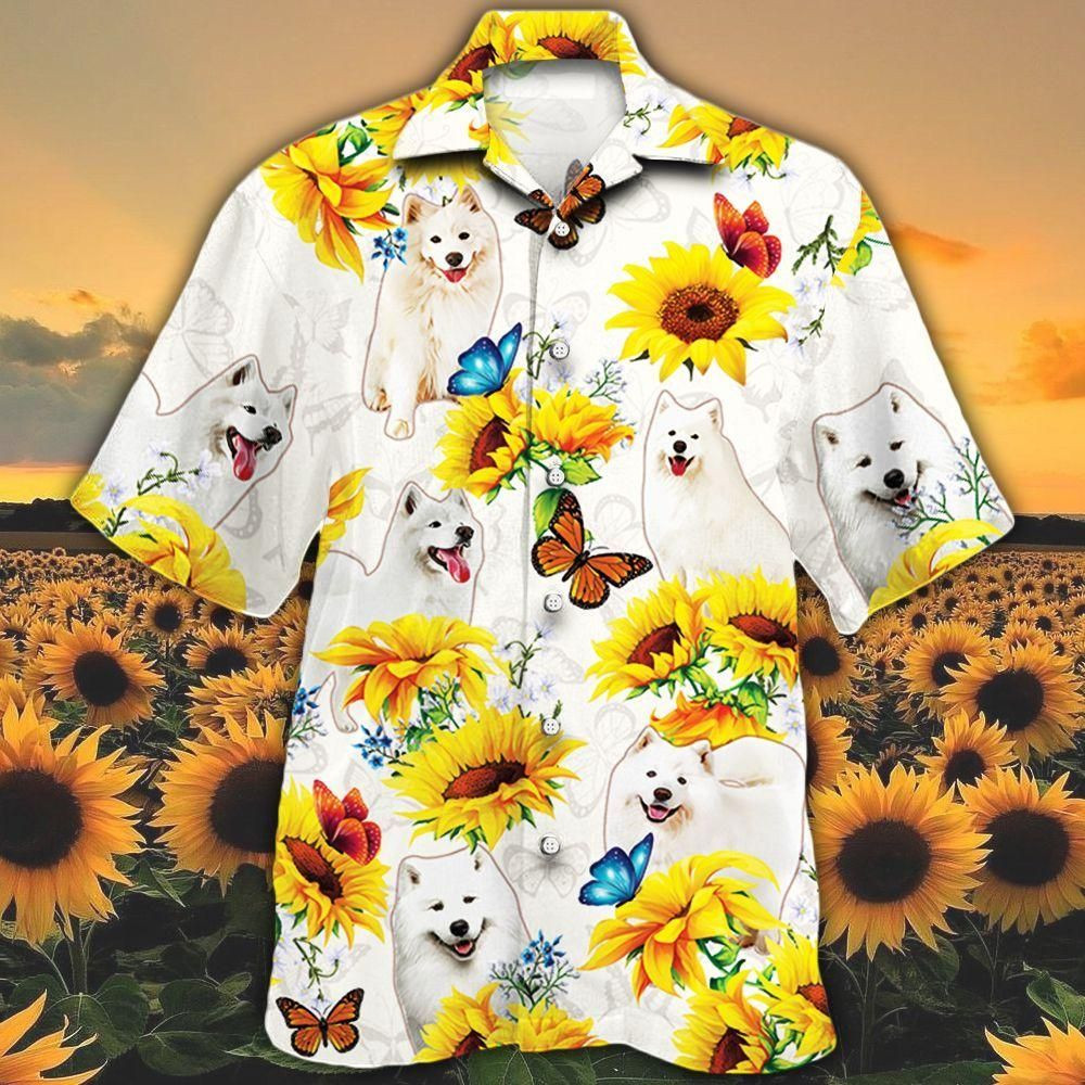 Samoyed Dog Lovers Sun Flower Aloha Hawaiian Shirt Colorful Short Sleeve Summer Beach Casual Shirt For Men And Women