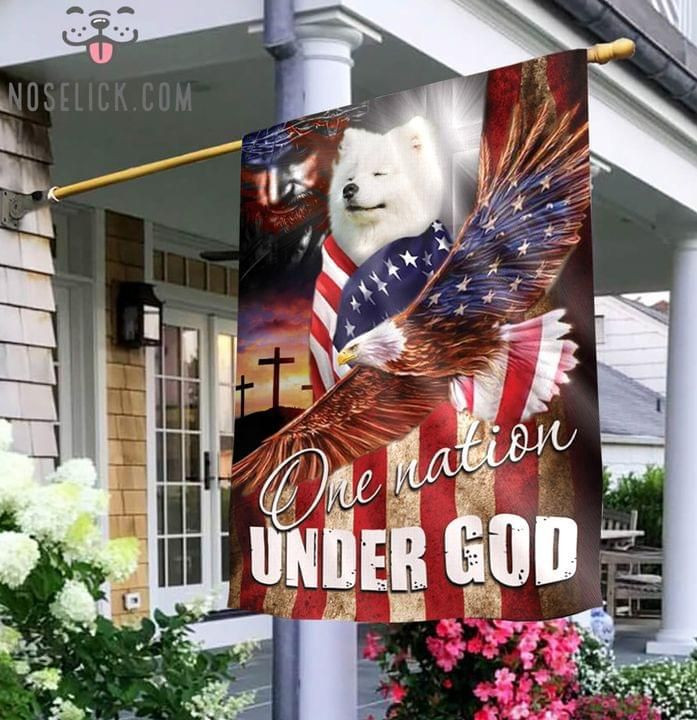 Samoyed One Nation Under God Christian Cross Dog Lover Eagle American Flag Garden Flag House Flag