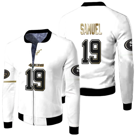 San Francisco 49Ers Deebo Samuel 19 Nfl White 100Th Season Golden Edition Jersey Style Gift For 49Ers Fans Fleece Bomber Jacket