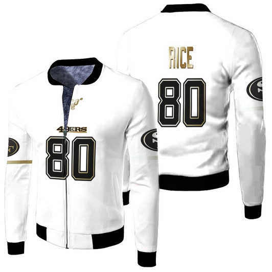 San Francisco 49Ers Jerry Rice 80 Nfl White 100Th Season Golden Edition Jersey Style Gift For 49Ers Fans Fleece Bomber Jacket