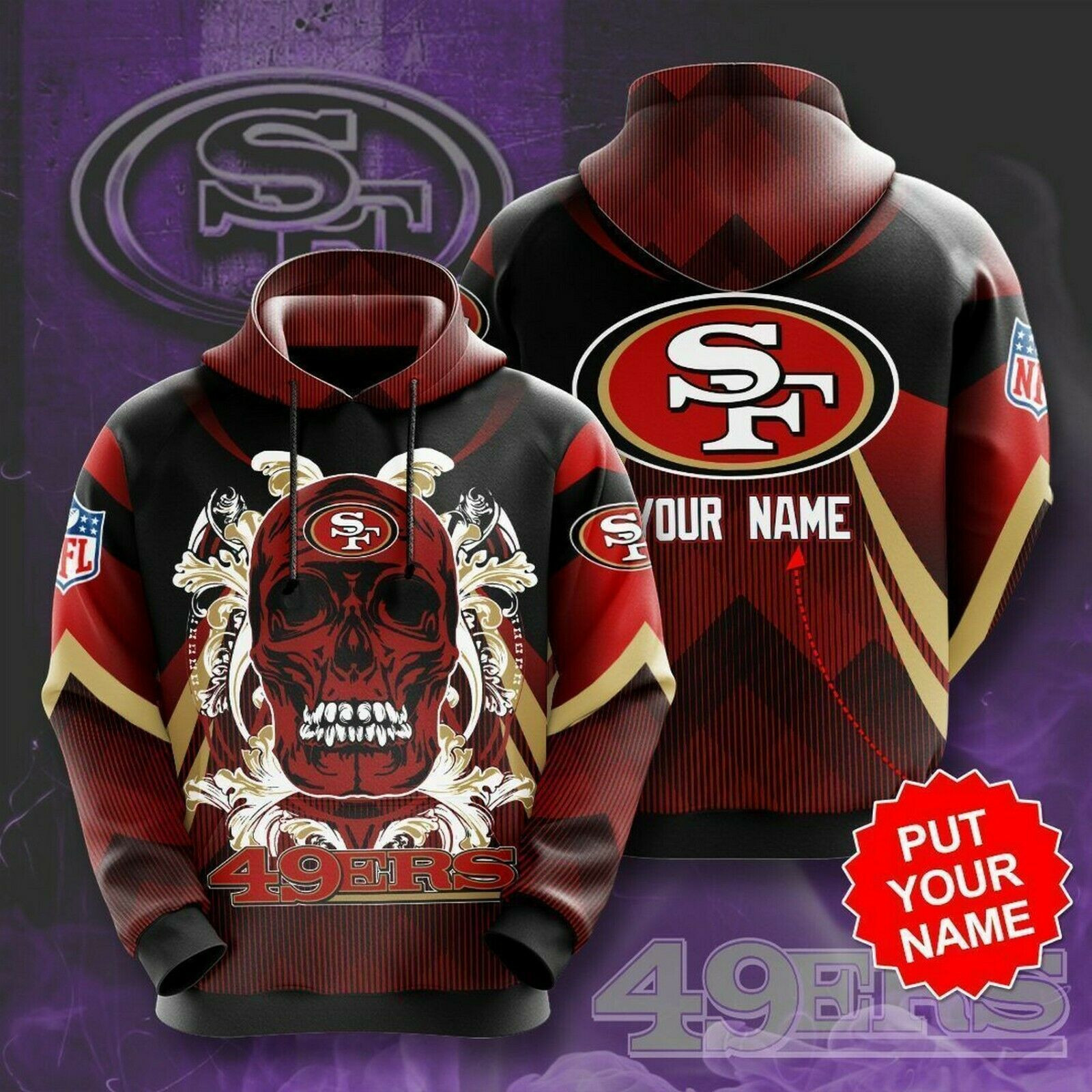 San Francisco 49ers Skull Custom Name Hoodie 3D All Over Printed Size S