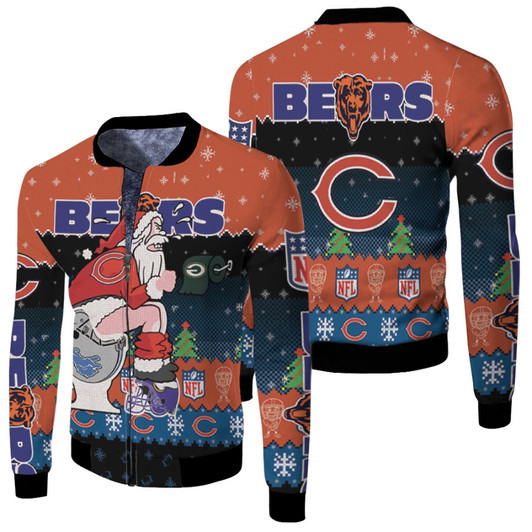 Santa Claus Chicago Bears Sitting On Packers Lions Vikings Toilet Christmas Gift For Bears Fans Fleece Bomber Jacket