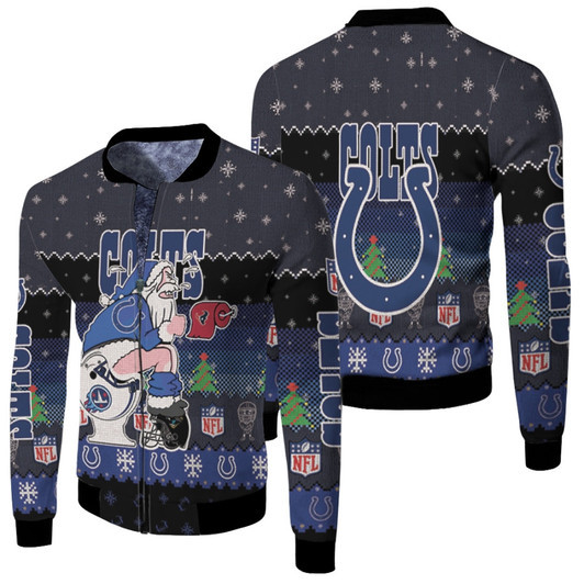 Santa Claus Colts Sitting On Texans Titans Jaguars Toilet Christmas Gift For Colts Fans Fleece Bomber Jacket