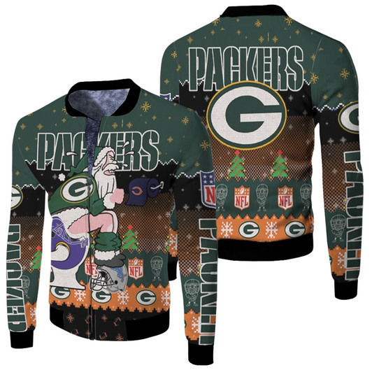 Santa Claus Green Bay Packers Sitting On Bears Vikings Lions Toilet Christmas Gift For Packers Fans Fleece Bomber Jacket