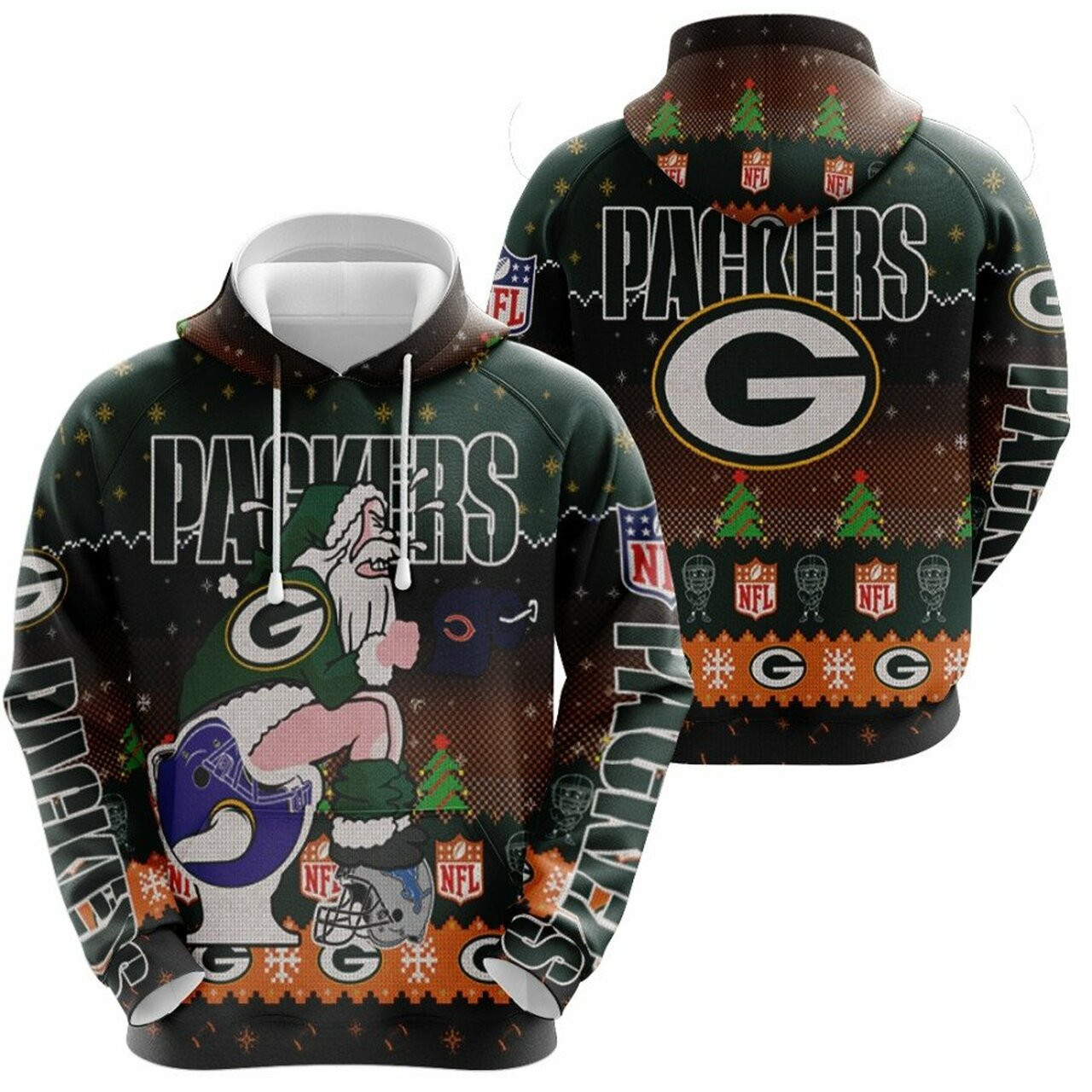 Santa Claus Green Bay Packers Sitting On Bears Vikings Lions Toilet Christmas Gift For Packers Fans Hoodie