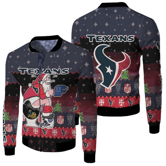 Santa Claus Houston Texans Sitting On Colts Jaguars Titans Toilet Christmas Gift For Texans Fans Fleece Bomber Jacket