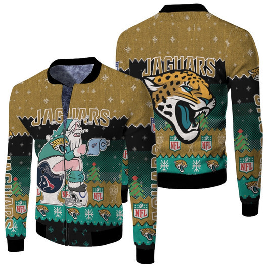 Santa Claus Jacksonville Jaguars Sitting On Titans Texans Colts Toilet Christmas Gift For Jaguars Fans Fleece Bomber Jacket