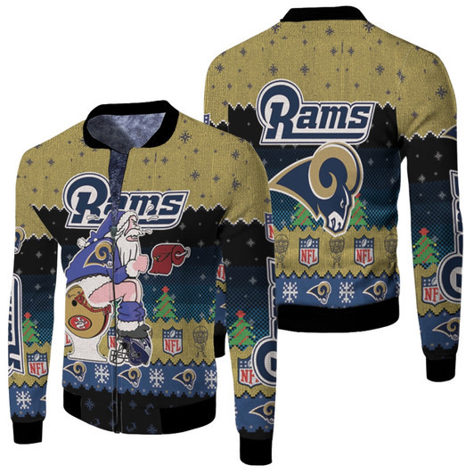 Santa Claus Los Angeles Rams Sitting On Cardinals 49Ers Seahawks Toilet Christmas Gift For Rams Fans Fleece Bomber Jacket