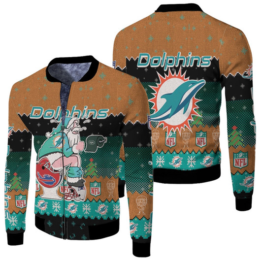 Santa Claus Miami Dolphins Sitting On Jets Bills Patriots Toilet Christmas Gift For Dolphins Fans Fleece Bomber Jacket