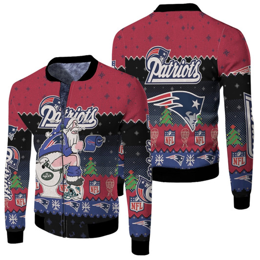 Santa Claus New England Patriots Sitting On Bills Jets Dolphins Toilet Christmas Gift For Patriots Fans Fleece Bomber Jacket