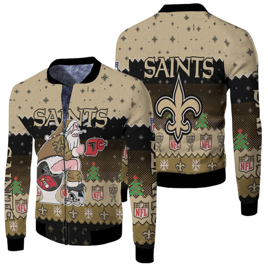 Santa Claus New Orleans Saints Sitting On Falcons Buccaneers Panthers Toilet Christmas Gift For Saints Fans Fleece Bomber Jacket