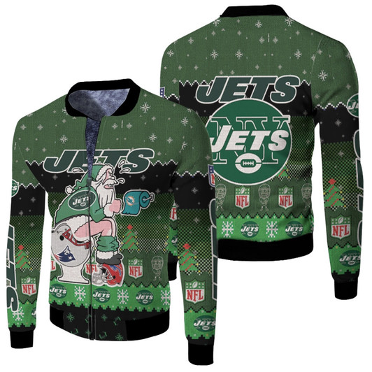 Santa Claus New York Jets Sitting On Dolphins Patriots Bills Toilet Christmas Gift For Jets Fans Fleece Bomber Jacket