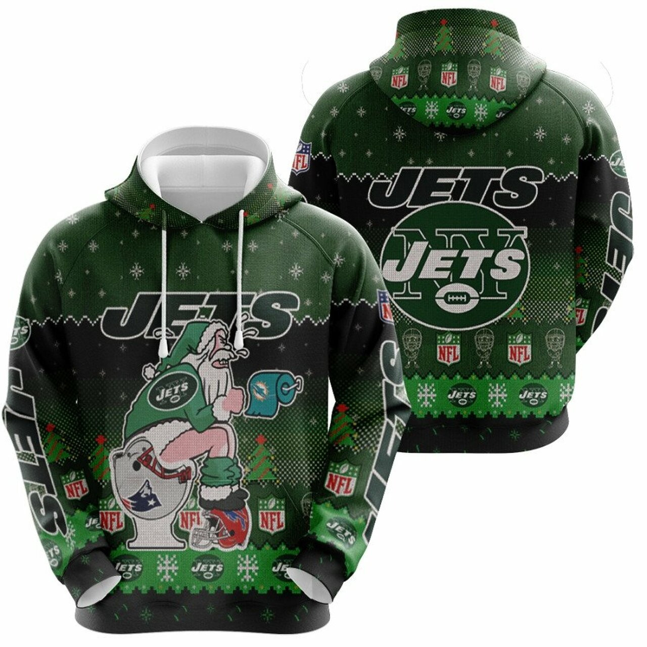 Santa Claus New York Jets Sitting On Dolphins Patriots Bills Toilet Christmas Gift For Jets Fans Hoodie