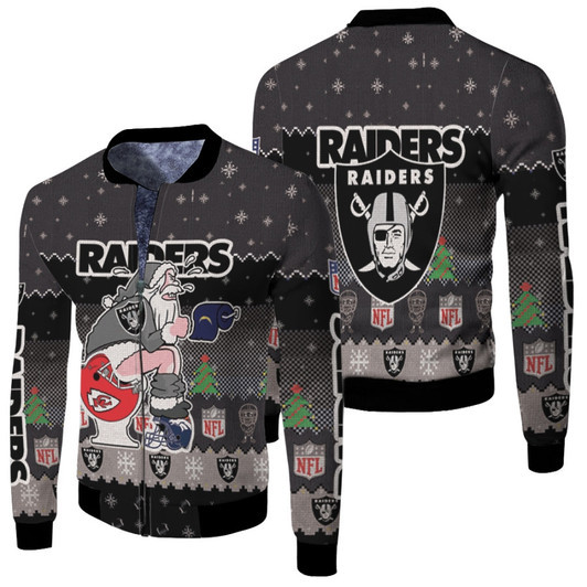 Santa Claus Oakland Raiders Sitting On Chargers Chiefs Broncos Toilet Christmas Gift For Raiders Fans Fleece Bomber Jacket