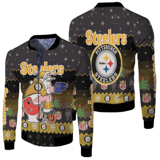 Santa Claus Pittsburgh Steelers Sitting On Ravens Browns Bengals Toilet Christmas Gift For Steelers Fans Fleece Bomber Jacket