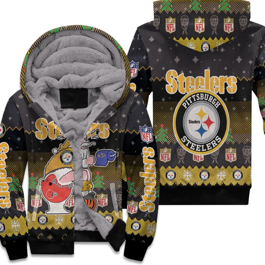 Santa Claus Pittsburgh Steelers Sitting On Ravens Browns Bengals Toilet Christmas Gift For Steelers Fans Fleece Hoodie