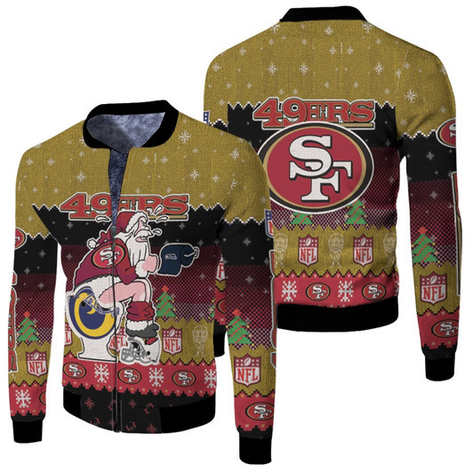 Santa Claus San Francisco 49Ers Sitting On Seahawks Rams Cardinals Toilet Christmas Gift For 49Ers Fans Fleece Bomber Jacket