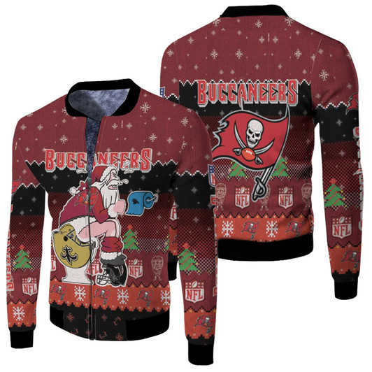 Santa Claus Tampa Bay Buccaneers Sitting On Panthers Saints Falcons Toilet Christmas Gift For Buccaneers Fans Fleece Bomber Jacket