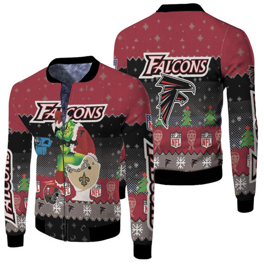 Santa Grinch Atlanta Falcons Sitting On Saints Panthers Buccaneers Toilet Christmas Gift For Falcons Fans Fleece Bomber Jacket