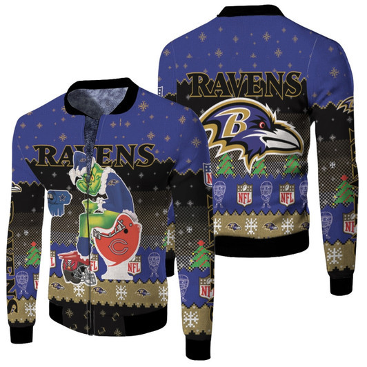 Santa Grinch Baltimore Ravens Sitting On Bears Cowboys Buccaneers Toilet Christmas Gift For Ravens Fans Fleece Bomber Jacket