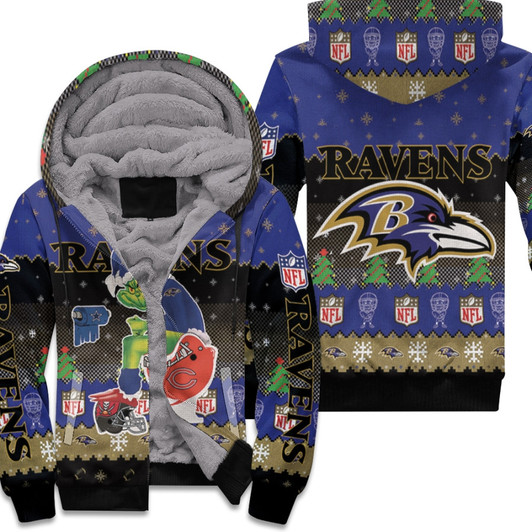 Santa Grinch Baltimore Ravens Sitting On Bears Cowboys Buccaneers Toilet Christmas Gift For Ravens Fans Fleece Hoodie