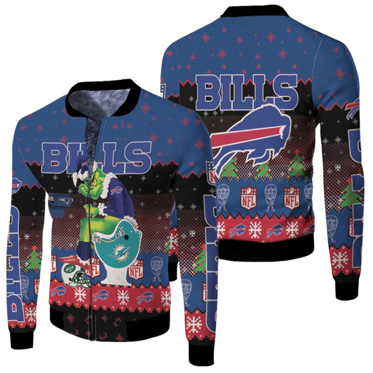 Santa Grinch Buffalo Bills Sitting On Dolphins Patriots Jets Toilet Christmas Gift For Bills Fans Fleece Bomber Jacket