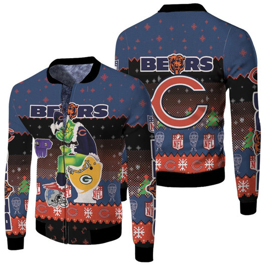 Santa Grinch Chicago Bears Sitting On Packers Vikings Lions Toilet Christmas Gift For Bears Fans Fleece Bomber Jacket