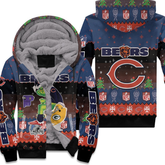 Santa Grinch Chicago Bears Sitting On Packers Vikings Lions Toilet Christmas Gift For Bears Fans Fleece Hoodie