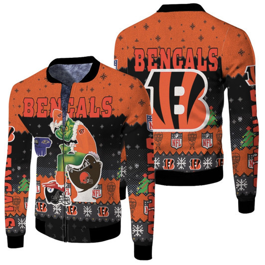 Santa Grinch Cincinnati Bengals Sitting On Browns Ravens Steelers Toilet Christmas Gift For Bengals Fans Fleece Bomber Jacket