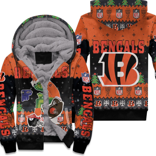 Santa Grinch Cincinnati Bengals Sitting On Browns Ravens Steelers Toilet Christmas Gift For Bengals Fans Fleece Hoodie