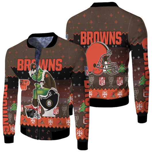 Santa Grinch Cleveland Browns Sitting On Steelers Bengals Ravens Toilet Christmas Gift For Browns Fans Fleece Bomber Jacket