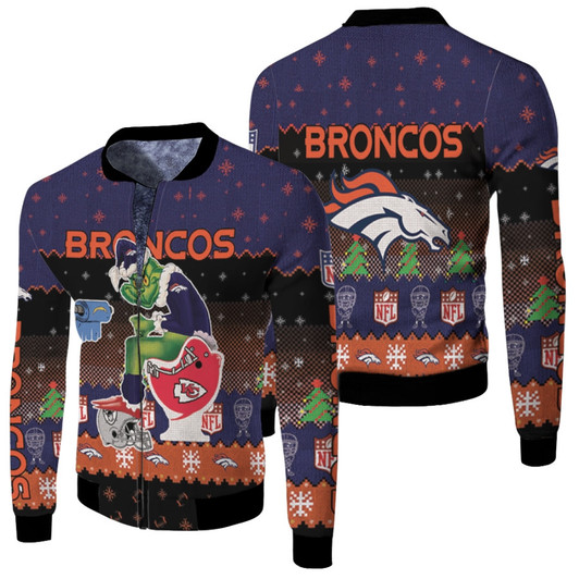 Santa Grinch Denver Broncos Sitting On Chiefs Chargers Raiders Toilet Christmas Gift For Broncos Fans Fleece Bomber Jacket