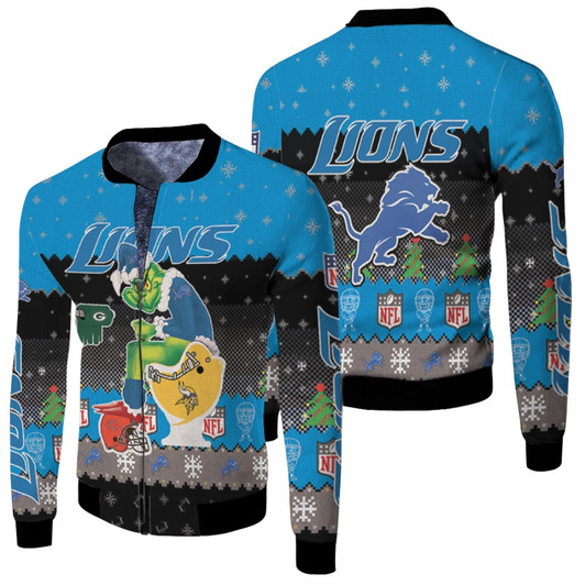 Santa Grinch Detroit Lions Sitting On Vikings Packers Bears Toilet Christmas Gift For Lions Fans Fleece Bomber Jacket