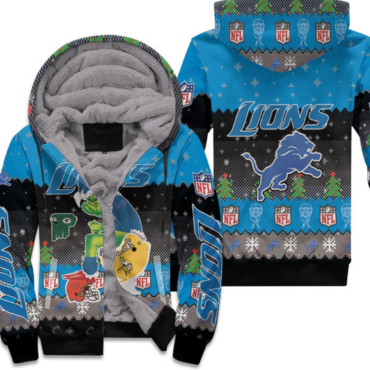 Santa Grinch Detroit Lions Sitting On Vikings Packers Bears Toilet Christmas Gift For Lions Fans Fleece Hoodie