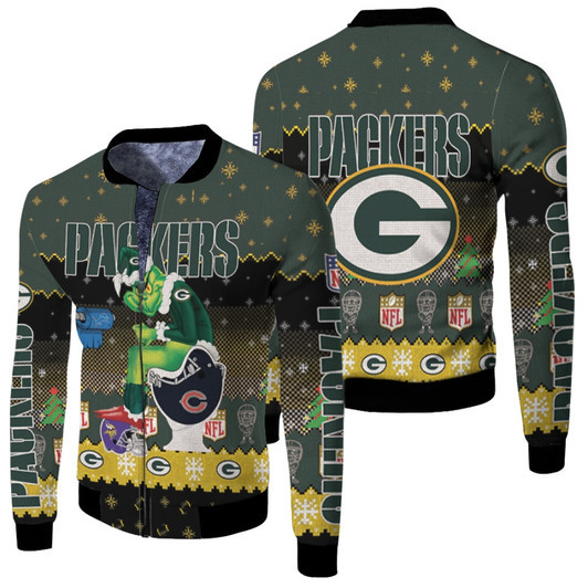 Santa Grinch Green Bay Packers Sitting On Bears Lions Vikings Toilet Christmas Gift For Packers Fans Fleece Bomber Jacket