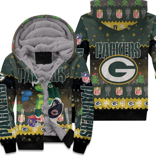 Santa Grinch Green Bay Packers Sitting On Bears Lions Vikings Toilet Christmas Gift For Packers Fans Fleece Hoodie