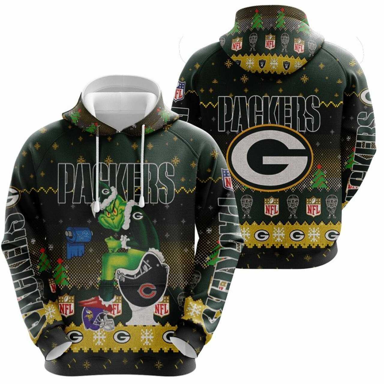 Santa Grinch Green Bay Packers Sitting On Bears Lions Vikings Toilet Christmas Gift For Packers Fans Hoodie